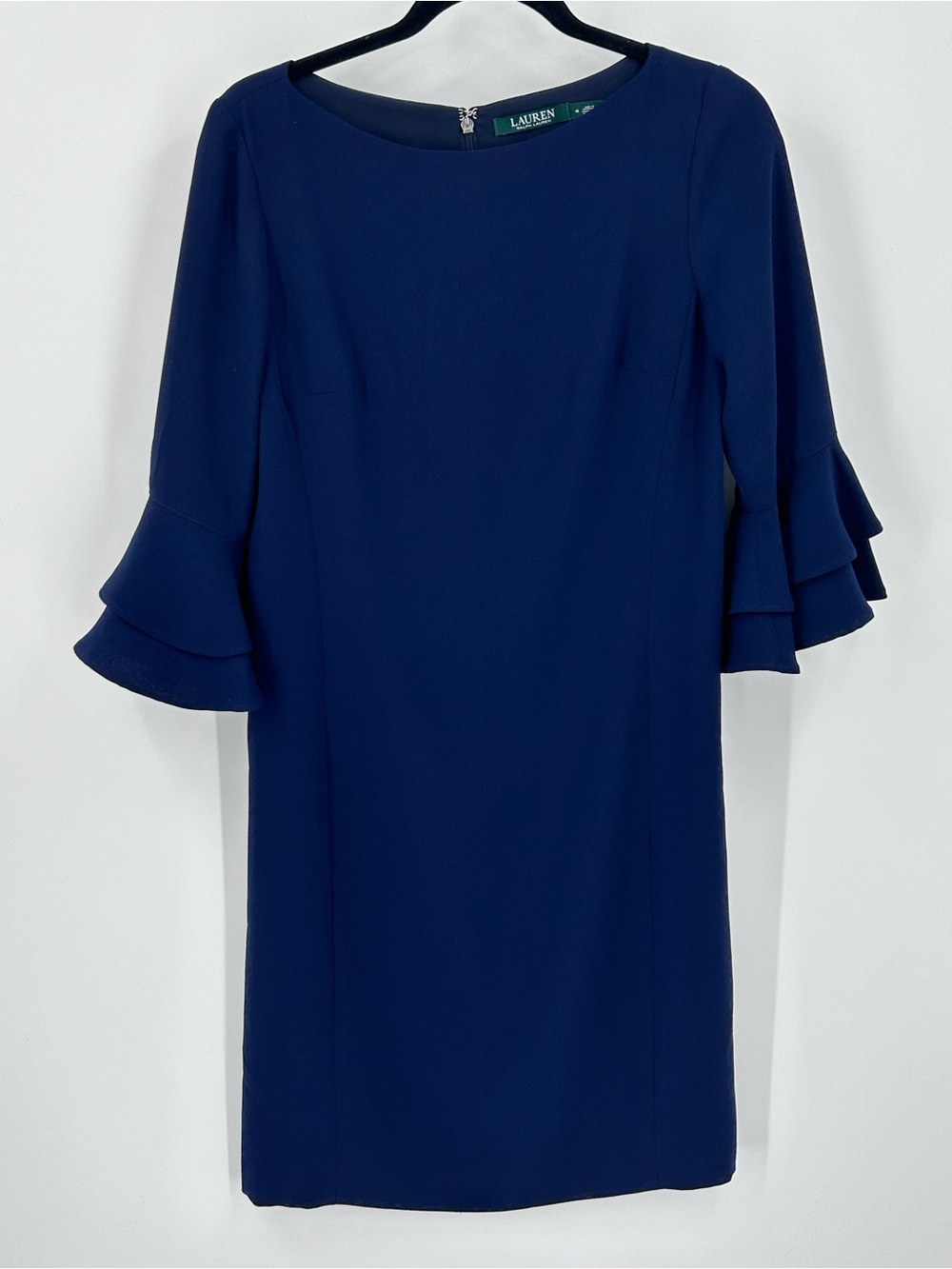 Lauren Ralph Lauren Navy Blue Tiered Ruffle Bell Sleeve Sheath Dress Size 4